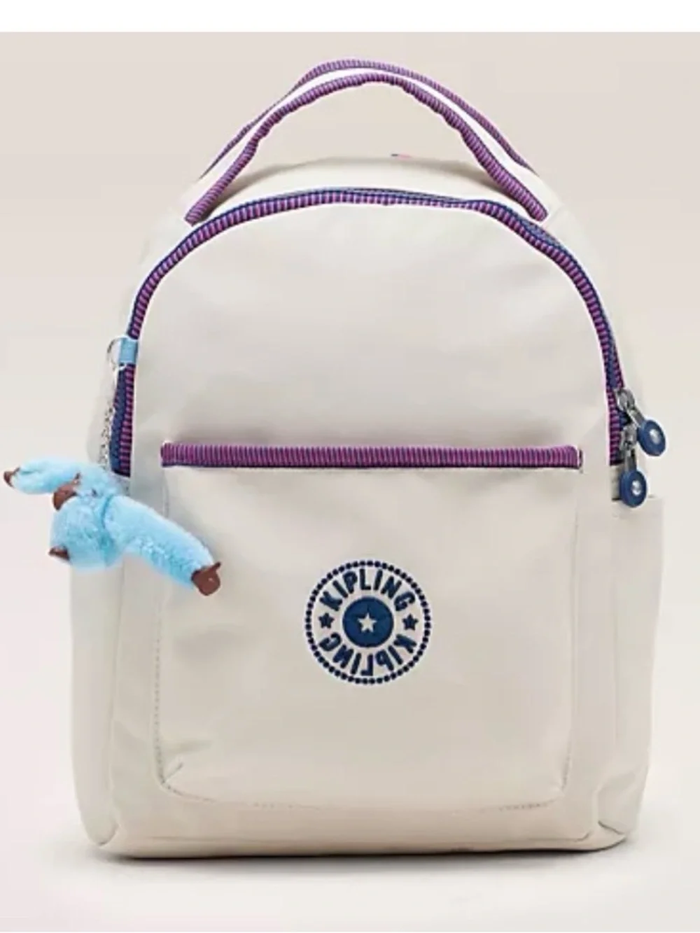 Kipling Cream Kids Backpack with Purple Trim and Blue Charm